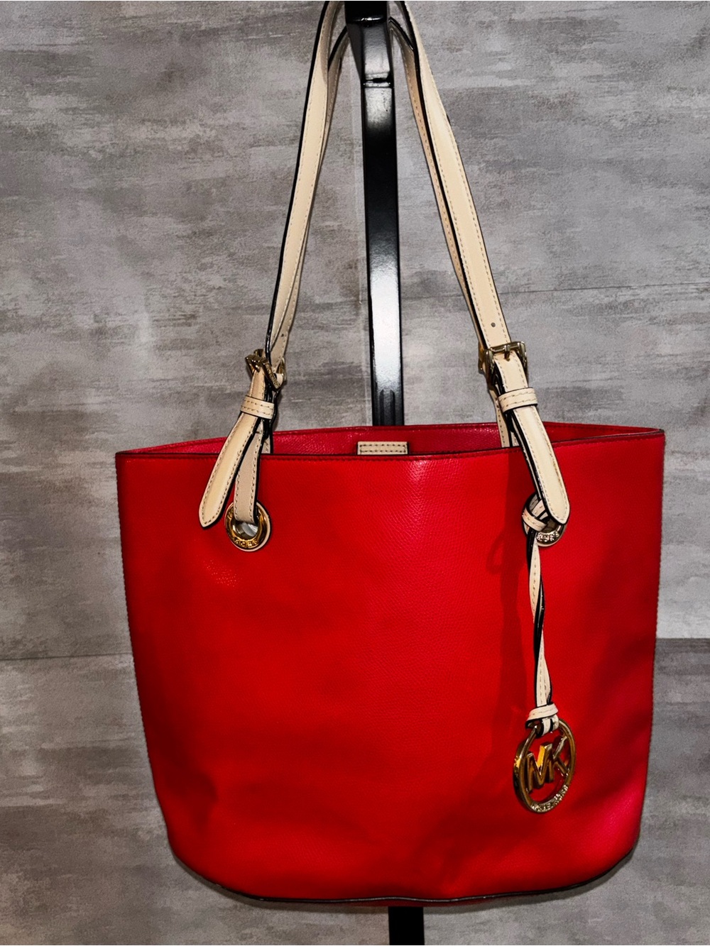 Michael Kors Red Leather Tote Bag with Contrast Cream Straps
